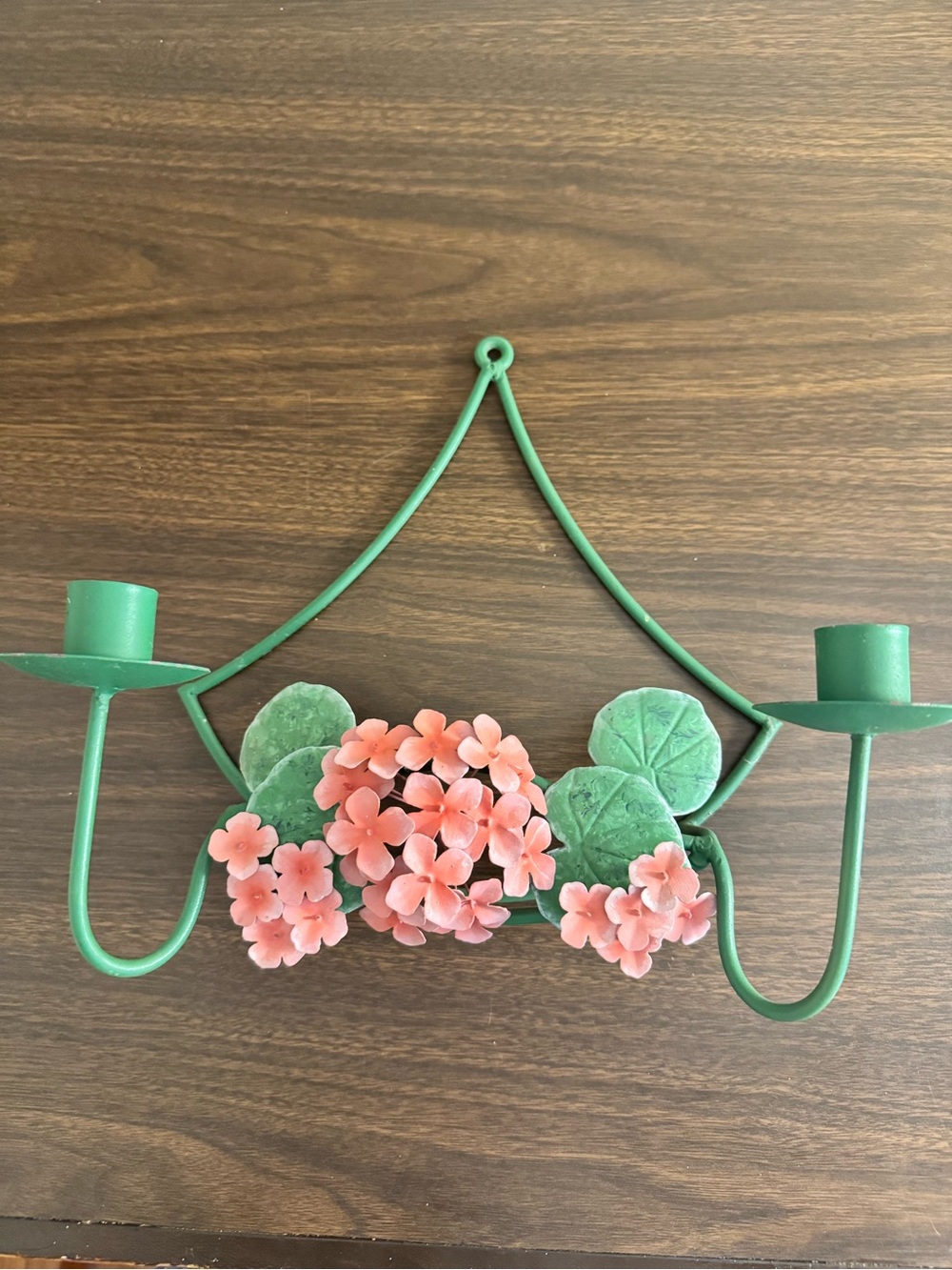 Vintage Toleware Hydrangea Floral Double Candle Wall Sconce – Pink & Green Metal